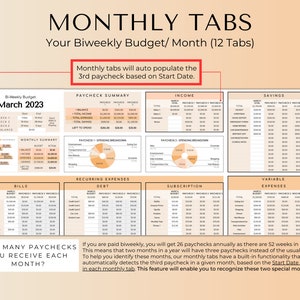 May include: A printable budget worksheet with 12 tabs for tracking biweekly finances. The worksheet includes sections for income, savings, bills, recurring expenses, debt, subscriptions, and variable expenses. The worksheet is designed to help users track their finances and budget for the month.