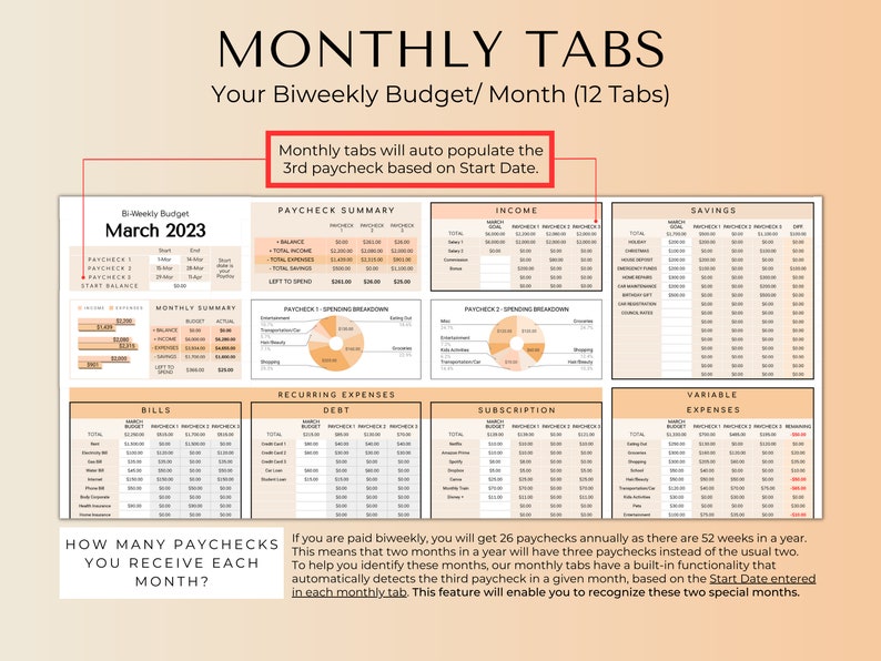 May include: A printable budget worksheet with 12 tabs for tracking biweekly finances. The worksheet includes sections for income, savings, bills, recurring expenses, debt, subscriptions, and variable expenses. The worksheet is designed to help users track their finances and budget for the month.