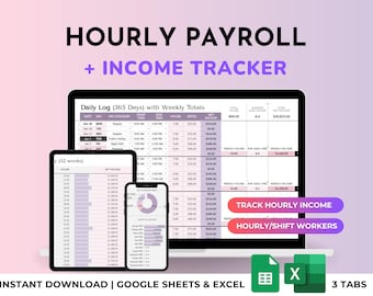 Hourly Payroll Income Tracker Spreadsheet For Hourly & Shift Workers with Weekly, Monthly and Annual Summary | Google Sheets Excel Template