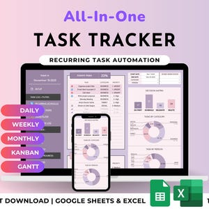 May include: A digital task tracker displayed on a laptop and smartphone. The screen shows data visualizations and task lists. The words "All-In-One TASK TRACKER" are at the top. The image also includes the text "INSTANT DOWNLOAD | GOOGLE SHEETS & EXCEL".