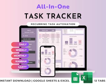 ADHD Task Tracker Daily Weekly Monthly Life Planner Spreadsheet Calendar Kanban Board Hourly Schedule To-Do Template Excel Google Sheets