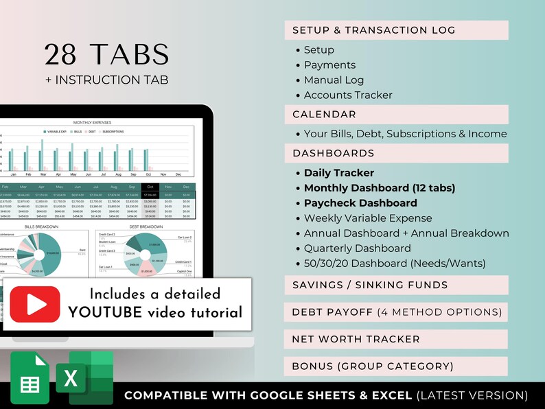 Hoja de cálculo de presupuesto familiar anual para gastos del hogar, finanzas conjuntas, 12 pestañas mensuales, facturas, seguimiento de deudas, planificador de hojas de cálculo de Google y Excel. imagen 2