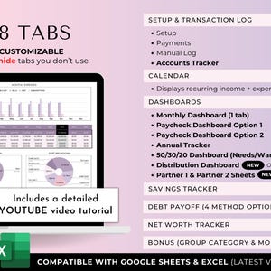 May include: A laptop screen displays a financial spreadsheet with charts and graphs. The image includes the text "18 TABS CUSTOMIZABLE" and a list of features like "Monthly Dashboard" and "Debt Payoff." The product is compatible with Google Sheets & Excel.