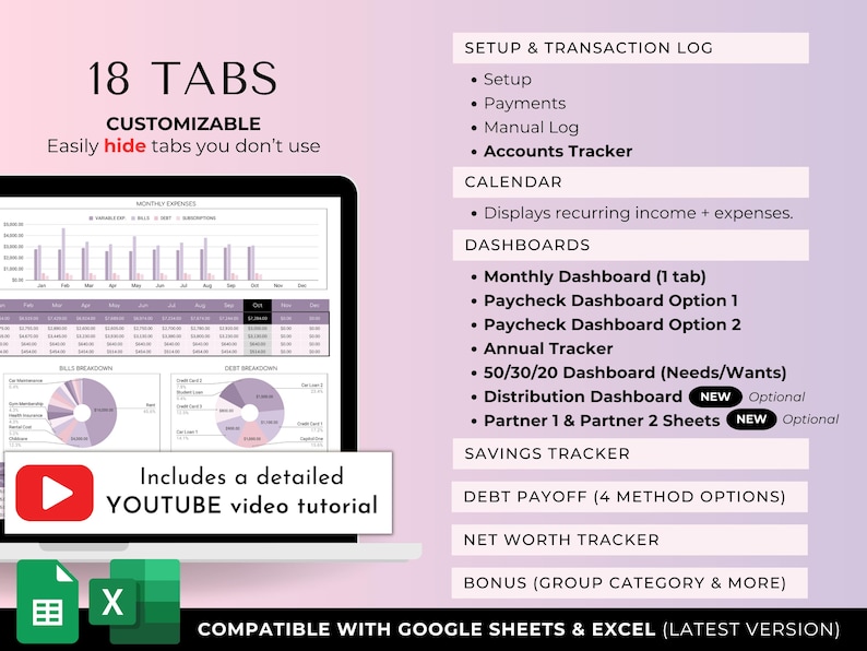 May include: A laptop screen displays a financial spreadsheet with charts and graphs. The image includes the text "18 TABS CUSTOMIZABLE" and a list of features like "Monthly Dashboard" and "Debt Payoff." The product is compatible with Google Sheets & Excel.