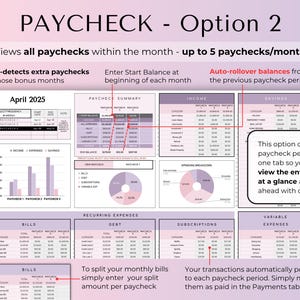 May include: A digital financial planner titled "PAYCHECK - Option 2" with a purple and white color scheme. The planner displays income, expenses, and savings, with charts and tables for tracking finances. Text includes "April 2025".