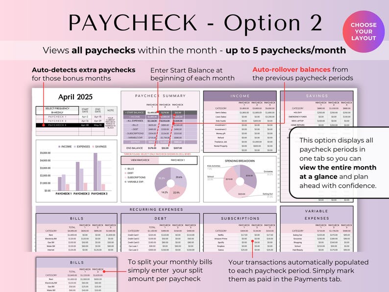 May include: A digital financial planner titled "PAYCHECK - Option 2" with a purple and white color scheme. The planner displays income, expenses, and savings, with charts and tables for tracking finances. Text includes "April 2025".