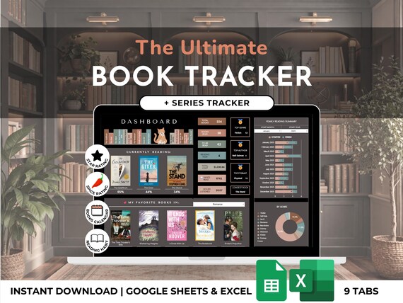 Book Tracker Digital Library Spreadsheet Reading Log List Book Review Reading Challenge Series Book Lover Excel Google Sheets Dark Template