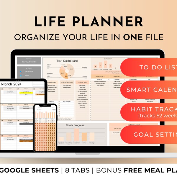 Plantilla de hoja de cálculo del organizador del calendario del planificador de vida de Google Sheets, rastreador de hábitos anuales, lista de tareas pendientes, rastreador de asignación de tareas, establecimiento de objetivos