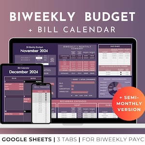 May include: A Google Sheets spreadsheet template for a biweekly budget and bill calendar. The template has three tabs: Bi-Weekly Budget, Bill Calendar, and Biweekly Monthly Summary. The spreadsheet is designed for people who get paid biweekly.