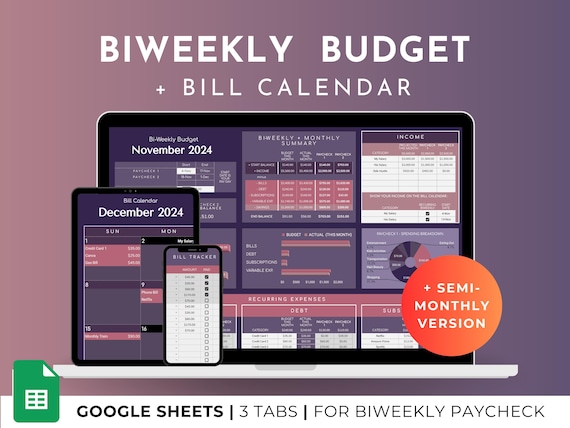 Biweekly/Fortnightly Budget Spreadsheet Planner: Income & Expense Tracker Google Sheets (Dark Mode)