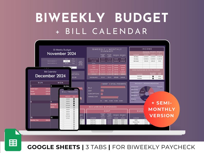 May include: A Google Sheets spreadsheet template for a biweekly budget and bill calendar. The template has three tabs: Bi-Weekly Budget, Bill Calendar, and Biweekly Monthly Summary. The spreadsheet is designed for people who get paid biweekly.