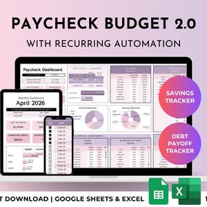 Paycheck Budget Fortnightly, Biweekly, Weekly, Semi-Monthly, Monthly Budget Spreadsheet Planner with Debt Tracker | Excel & Google Sheets