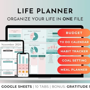 Google Spreadsheets Life Organizer-spreadsheet: budget, takenlijst, takentracker, agenda, doelen stellen, gewoontetracker, digitale bedrijfsplanner