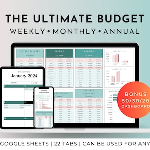 Annual Budget Google Sheets Spreadsheet Monthly Weekly Biweekly Tracker Bill Calendar Savings and Debt Tracker 50/30/20 Ultimate Budget