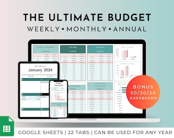 Annual Budget Google Sheets Spreadsheet Monthly Weekly Biweekly Tracker Bill Calendar Savings and Debt Tracker 50/30/20 Ultimate Budget