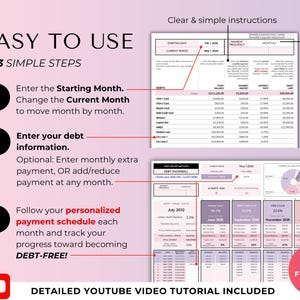 May include: A debt tracker spreadsheet with a user-friendly design. The document includes clear instructions in three steps, a payment schedule, and a detailed YouTube video tutorial. The spreadsheet is designed to help users become debt-free.