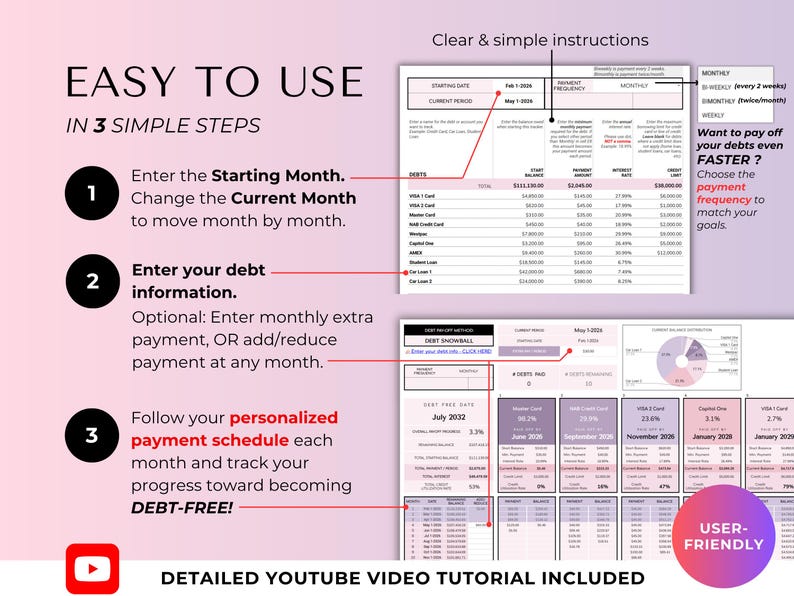 May include: A debt tracker spreadsheet with a user-friendly design. The document includes clear instructions in three steps, a payment schedule, and a detailed YouTube video tutorial. The spreadsheet is designed to help users become debt-free.