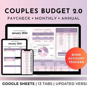 May include: A computer screen displaying a Google Sheets spreadsheet with a pink and purple color scheme. The spreadsheet is titled "Couples Budget 2.0" and includes tabs for "Monthly Dashboard", "Monthly Summary", "Income", "Recurring Expenses", "Debt", "Subscriptions", and "Bank Account Tracker". The spreadsheet is designed to help couples track their finances.