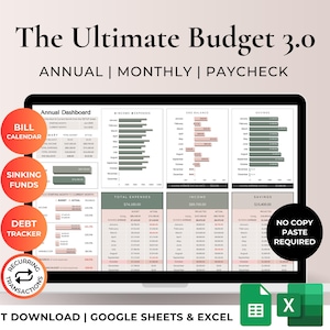Ultimate Budget Spreadsheet Template Google Sheets/Excel | Savings & Debt Tracker | All-In-One Annual Financial Planner Neutral Beige Green