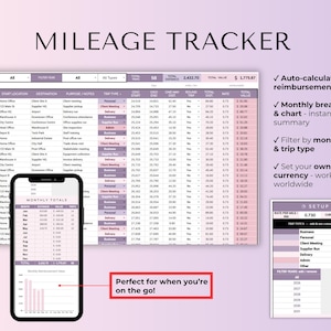 May include: A digital mileage tracker with a spreadsheet layout, a smartphone displaying monthly totals, and a setup guide. The text reads "MILEAGE TRACKER" and "FILE 1 14 tabs". Features include auto-calculation, monthly breakdown, and currency settings.