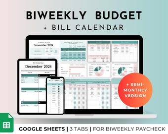 Biweekly Bimonthly Budget Planner Google Sheets Spreadsheet, Semi Monthly, Fortnightly Budget Template | Green