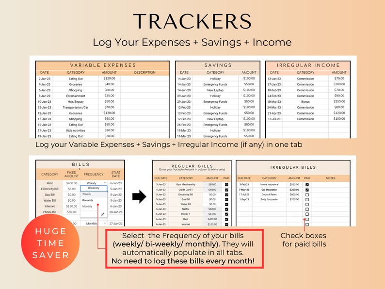 May include: A printable budget tracker spreadsheet with three tabs: Variable Expenses, Savings, and Irregular Income. The spreadsheet includes columns for date, category, amount, and description. The spreadsheet also includes a section for regular bills with columns for category, fixed amount, frequency, and start date. The spreadsheet is designed to help users track their finances and make informed financial decisions.