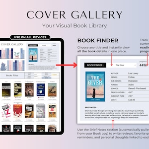 May include: A digital book tracking interface titled COVER GALLERY featuring a Book Finder tool, a reading progress tracker, and a library of book covers. The display shows detailed metadata for the book The Giver, including author, genre, format, and notes.