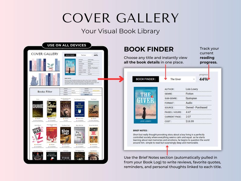 May include: A digital book tracking interface titled COVER GALLERY featuring a Book Finder tool, a reading progress tracker, and a library of book covers. The display shows detailed metadata for the book The Giver, including author, genre, format, and notes.