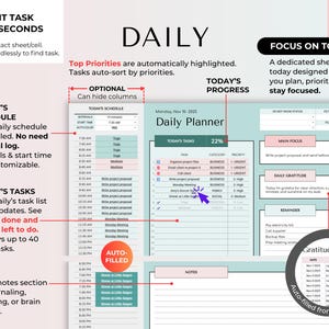 Pu&ograve; includere: Pianificatore giornaliero digitale con un design azzurro e bianco. Include programmi compilati automaticamente, elenchi di attivit&agrave; e un registro della gratitudine. Il testo include "Modifica attivit&agrave; in pochi secondi" e "Concentrati su oggi".