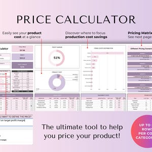 May include: A digital price calculator with a purple and white color scheme. The calculator displays product cost, profit margin, and various pricing scenarios. Text includes "Price Calculator" and "The ultimate tool to help you price your product!"