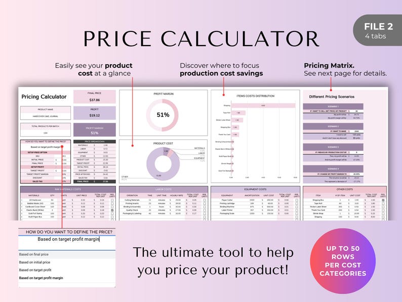 May include: A digital price calculator with a purple and white color scheme. The calculator displays product cost, profit margin, and various pricing scenarios. Text includes "Price Calculator" and "The ultimate tool to help you price your product!"