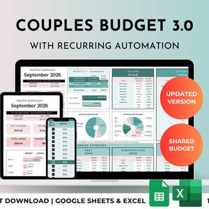 May include: A digital budget planner template for Google Sheets and Excel titled COUPLES BUDGET 3.0 WITH RECURRING AUTOMATION. The interface displays a monthly dashboard for September 2026, income, expenses, savings, and debt tracking charts.