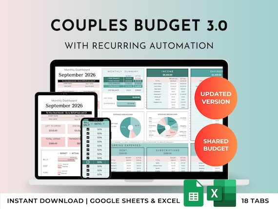 Couples & Family Budget Spreadsheet Template (Excel/Google Sheets) Household Shared Expenses, Bills Split, Partners Dashboards, Debt Tracker