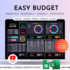 Pode incluir: Um painel de orçamento digital exibido na tela de um laptop intitulado Easy Budget, com opções de rastreamento mensal, quinzenal e semanal. A interface inclui gráficos de pizza coloridos, tabelas financeiras e um ícone de rastreador de poupança.