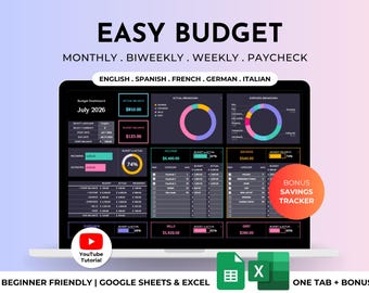 Simple Budget Planner for Beginners Easy Excel/Google Sheets Dark Mode Template Digital Finance Spreadsheet Income Spending Savings Tracker