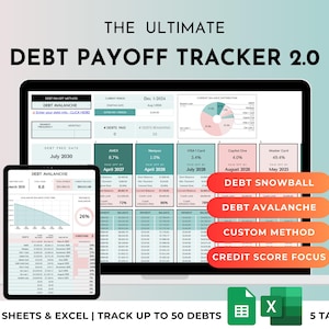 May include: A digital debt payoff tracker displayed on a laptop and tablet screen. The interface features tables, charts, and text including "THE ULTIMATE DEBT PAYOFF TRACKER 2.0," "DEBT SNOWBALL," "DEBT AVALANCHE," "CUSTOM METHOD," and "CREDIT SCORE FOCUS."