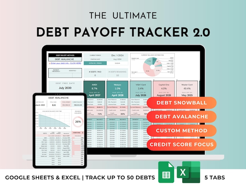 May include: A digital debt payoff tracker displayed on a laptop and tablet screen. The interface features tables, charts, and text including "THE ULTIMATE DEBT PAYOFF TRACKER 2.0," "DEBT SNOWBALL," "DEBT AVALANCHE," "CUSTOM METHOD," and "CREDIT SCORE FOCUS."