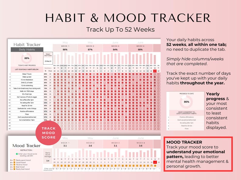 May include: A pink and white printable habit and mood tracker with a grid for tracking daily habits for 52 weeks. The tracker includes a section for tracking mood scores and a progress chart.