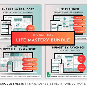 Ultimate Annual Budget Planner Google Sheets Spreadsheet Life Mastery Organization Bundle, Habit, Task, Goal Tracker Family Planner Template