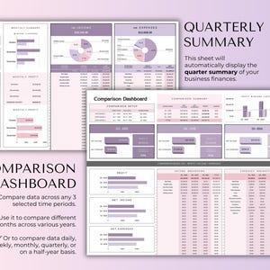 May include: A digital business finance spreadsheet with a quarterly summary, comparison dashboard, and income and expense breakdowns. The spreadsheet is in shades of pink and purple, with charts and tables. Text includes "Q4-2025" and "Comparison Dashboard."