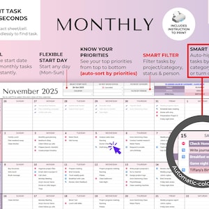 May include: A digital monthly task tracker calendar for November 2025, with a purple and white design. Features include auto-fill, flexible start day, smart filter, and smart highlight options. The calendar includes 12 tabs and instructions to print.