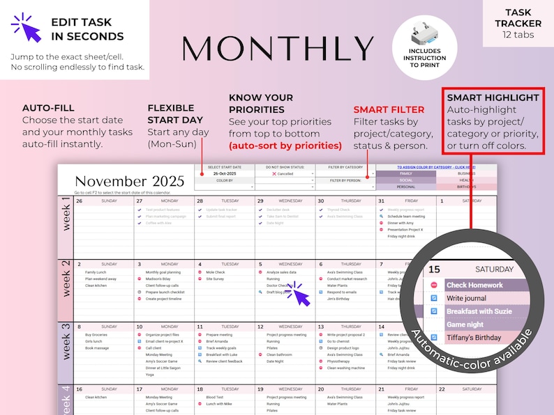 May include: A digital monthly task tracker calendar for November 2025, with a purple and white design. Features include auto-fill, flexible start day, smart filter, and smart highlight options. The calendar includes 12 tabs and instructions to print.