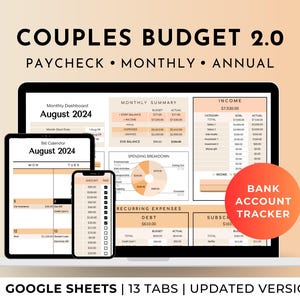 Couples Budget Spreadsheet Google Sheets, Family Budget Planner, Paycheck Monthly & Annual Dashboard, Debt Tracker, Bank Account Tracker