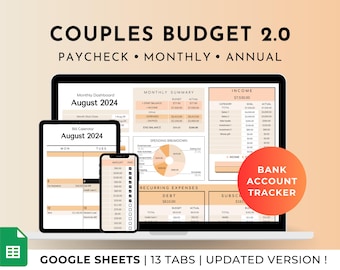 Couples Budget Spreadsheet Google Sheets, Family Budget Planner, Paycheck Monthly & Annual Dashboard, Debt Tracker, Bank Account Tracker