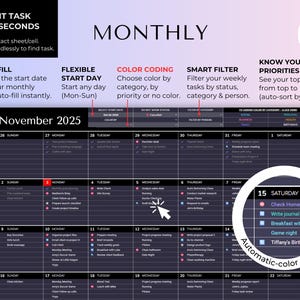 May include: A digital monthly calendar template for November 2025 with a dark theme. It features columns for days of the week, rows for weeks, and includes interactive elements like auto-fill, color coding, and smart filters for task management.