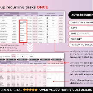 May include: A digital task tracker with a purple and white color scheme. The image shows a spreadsheet layout with sections for category, date, time, and priority. Text highlights auto-recurring tasks and ease of updating.
