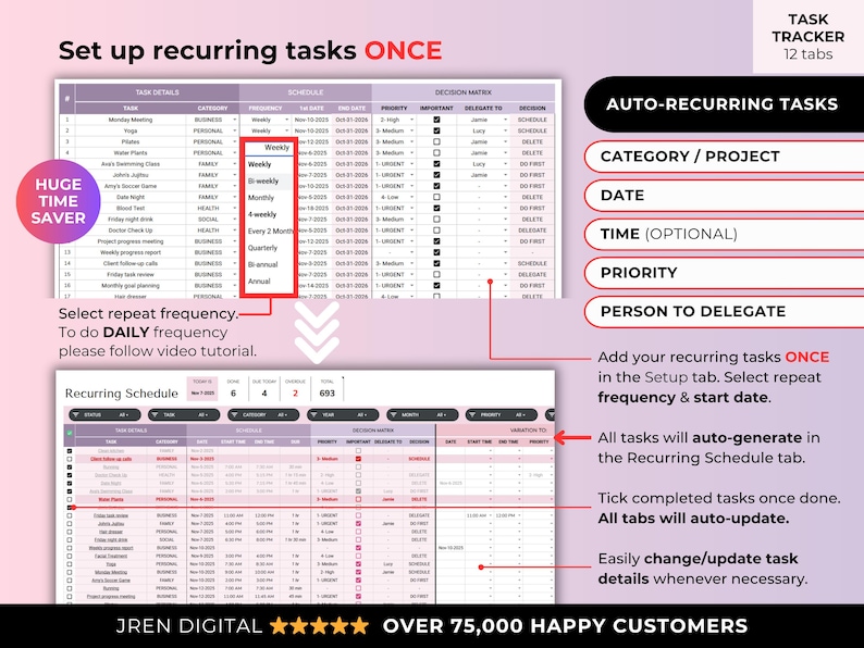 May include: A digital task tracker with a purple and white color scheme. The image shows a spreadsheet layout with sections for category, date, time, and priority. Text highlights auto-recurring tasks and ease of updating.