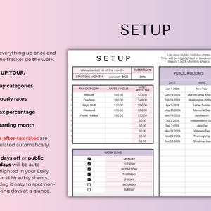 K&ouml;nnte beinhalten: Eine digitale Planer-Setup-Anleitung mit dem Wort "SETUP" oben. Die Anleitung enth&auml;lt Abschnitte f&uuml;r Gehaltskategorien, Stundens&auml;tze, Steuersatz und Startmonat. Sie listet auch Feiertage und Arbeitstage auf.