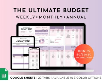 Annual Budget Google Sheets Spreadsheet Monthly Weekly Biweekly Tracker Bill Calendar Savings and Debt Tracker 50/30/20 Ultimate Budget