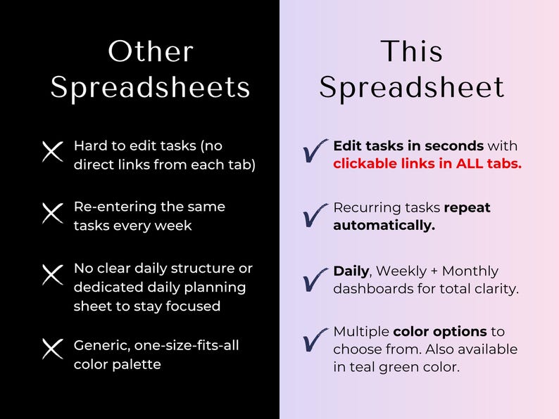 May include: A comparison chart with a black background on the left labeled Other Spreadsheets and a light purple background on the right labeled This Spreadsheet. The chart lists features with white X marks on the left and blue check marks on the right.